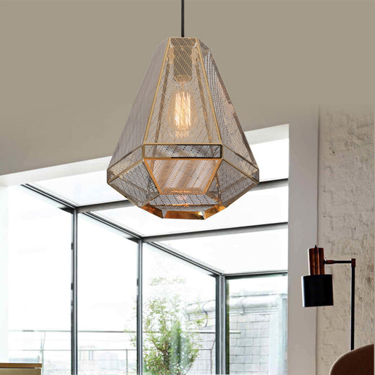 Countryside Diamond Hanging Lighting 9"/10"/12" W 1 Head Metal Pendant Ceiling Lamp in Gold for Living Room Clearhalo 'Ceiling Lights' 'Pendant Lights' 'Pendants' Lighting' 315684