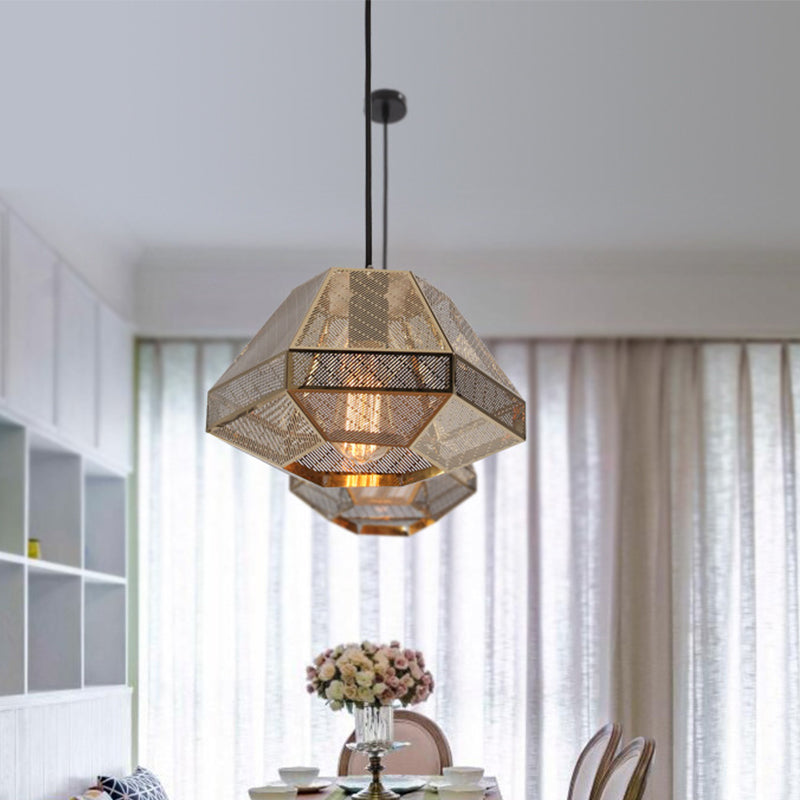 Gold 1 Bulb Pendant Light Rustic Metal Diamond Hanging Lamp for Living Room, 8"/12" W Clearhalo 'Ceiling Lights' 'Pendant Lights' 'Pendants' Lighting' 315687