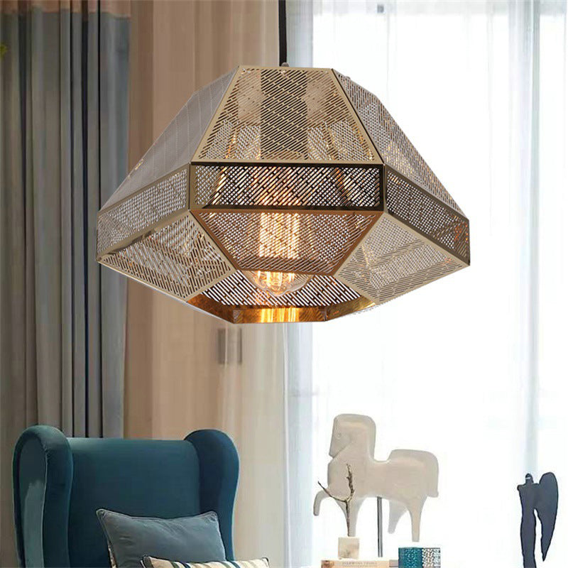 Gold 1 Bulb Pendant Light Rustic Metal Diamond Hanging Lamp for Living Room, 8"/12" W Clearhalo 'Ceiling Lights' 'Pendant Lights' 'Pendants' Lighting' 315688