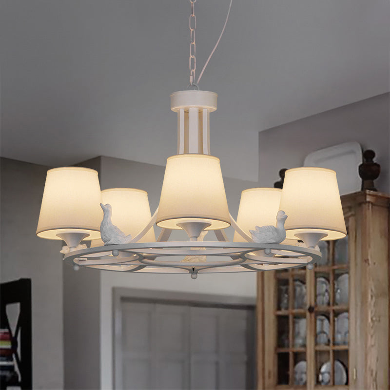 White 5 Heads Chandelier Lamp Rustic Fabric Cone Pendant Light Fixture with Duck Decoration for Living Room White Clearhalo 'Ceiling Lights' 'Chandeliers' Lighting' options 315710_caa84b29-3f44-49b1-85b1-e852ed23688a