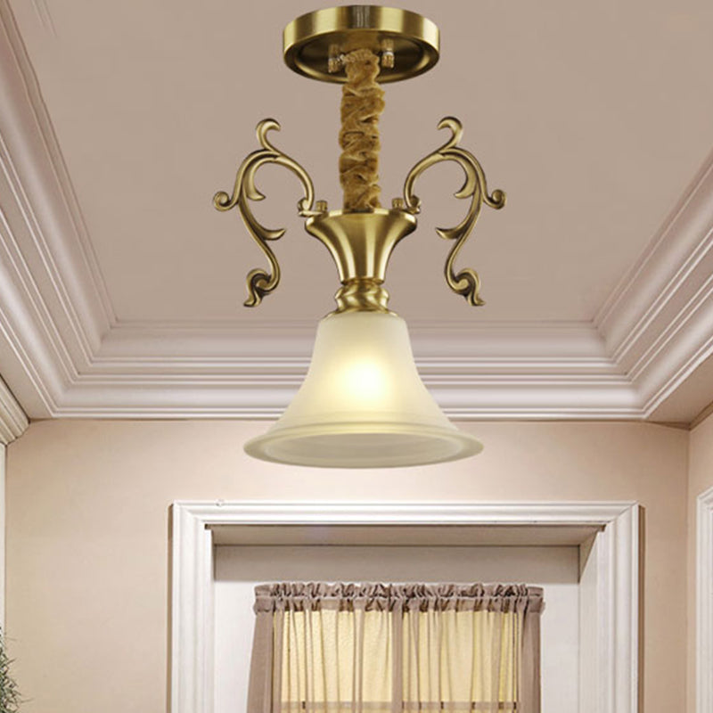 Brass 1 Head Hanging Lighting Colonial White Frosted Glass Bowl/Dome/Trapezoid Ceiling Suspension Lamp for Porch Clearhalo 'Ceiling Lights' 'Close To Ceiling Lights' 'Glass shade' 'Glass' 'Pendant Lights' 'Pendants' Lighting' 315718