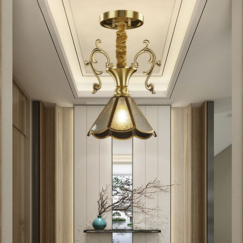 Brass Scallop Ceiling Pendant Colonial Seeded Glass 1 Light Dining Room Hanging Lamp Fixture Brass Clearhalo 'Ceiling Lights' 'Chandeliers' 'Glass shade' 'Glass' 'Pendant Lights' 'Pendants' Lighting' 315728