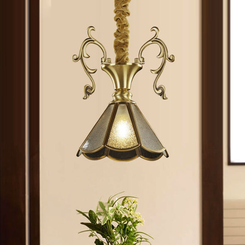 Brass Scallop Ceiling Pendant Colonial Seeded Glass 1 Light Dining Room Hanging Lamp Fixture Clearhalo 'Ceiling Lights' 'Chandeliers' 'Glass shade' 'Glass' 'Pendant Lights' 'Pendants' Lighting' 315729