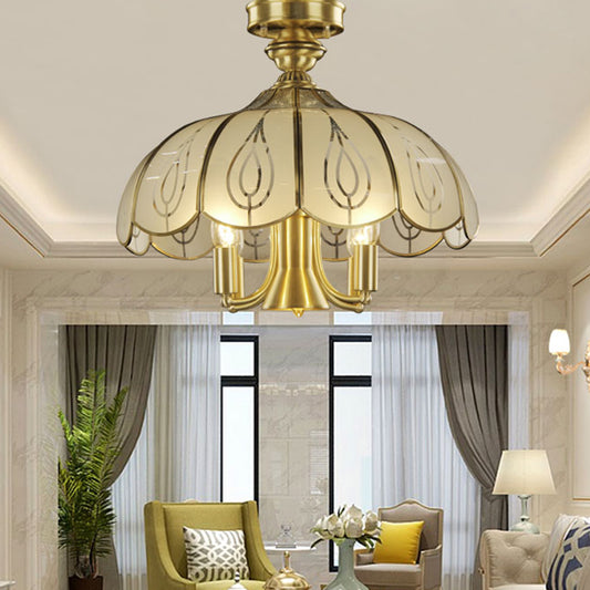 Colonial Scalloped Hanging Lighting 5 Bulbs Satin Opal Glass Semi Flush Mount Lamp in Brass for Living Room Brass Clearhalo 'Ceiling Lights' 'Chandeliers' 'Close To Ceiling Lights' 'Close to ceiling' 'Glass shade' 'Glass' 'Semi-flushmount' Lighting' 315731