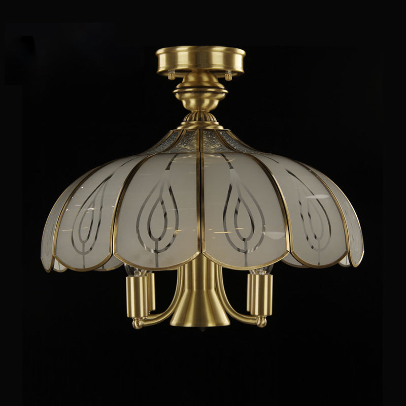 Colonial Scalloped Hanging Lighting 5 Bulbs Satin Opal Glass Semi Flush Mount Lamp in Brass for Living Room Clearhalo 'Ceiling Lights' 'Chandeliers' 'Close To Ceiling Lights' 'Close to ceiling' 'Glass shade' 'Glass' 'Semi-flushmount' Lighting' 315733