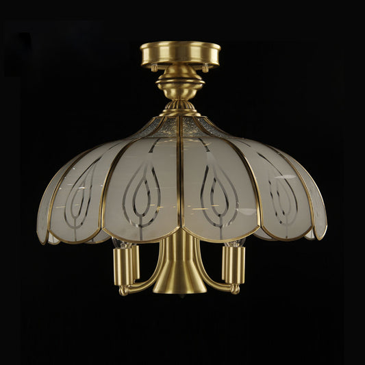 Colonial Scalloped Hanging Lighting 5 Bulbs Satin Opal Glass Semi Flush Mount Lamp in Brass for Living Room Clearhalo 'Ceiling Lights' 'Chandeliers' 'Close To Ceiling Lights' 'Close to ceiling' 'Glass shade' 'Glass' 'Semi-flushmount' Lighting' 315733