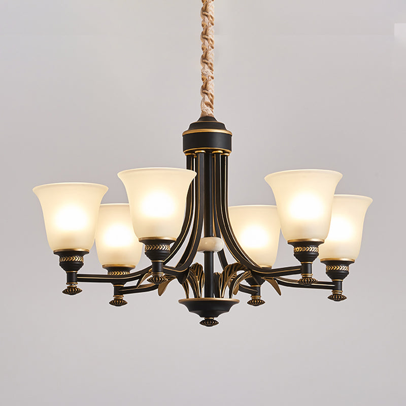 Black and Gold Radial Ceiling Chandelier Traditional Cream Glass 3/5/6 Heads Living Room Pendant Lighting 6 Black-Gold Clearhalo 'Ceiling Lights' 'Chandeliers' 'Glass shade' 'Glass' Lighting' 315737