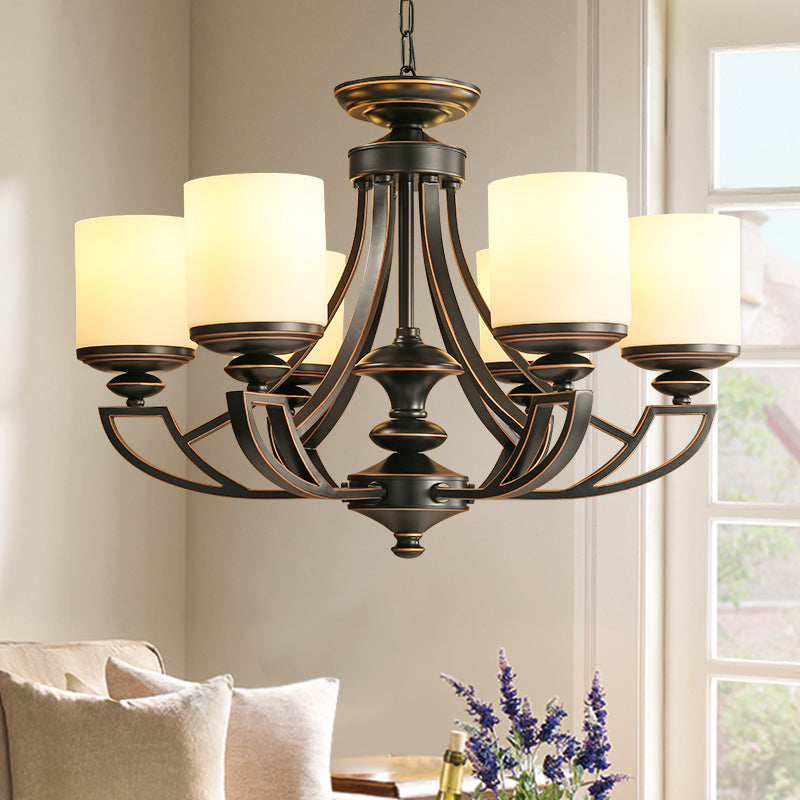 Traditional Starburst Pendant Chandelier 3/6 Lights Metal Ceiling Lamp Fixture in Black for Living Room with Cylinder Frosted Glass Shade Clearhalo 'Ceiling Lights' 'Chandeliers' 'Glass shade' 'Glass' 'Modern Chandeliers' 'Modern' Lighting' 315751