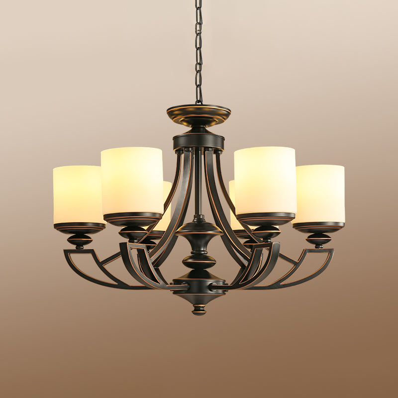 Traditional Starburst Pendant Chandelier 3/6 Lights Metal Ceiling Lamp Fixture in Black for Living Room with Cylinder Frosted Glass Shade Clearhalo 'Ceiling Lights' 'Chandeliers' 'Glass shade' 'Glass' 'Modern Chandeliers' 'Modern' Lighting' 315753