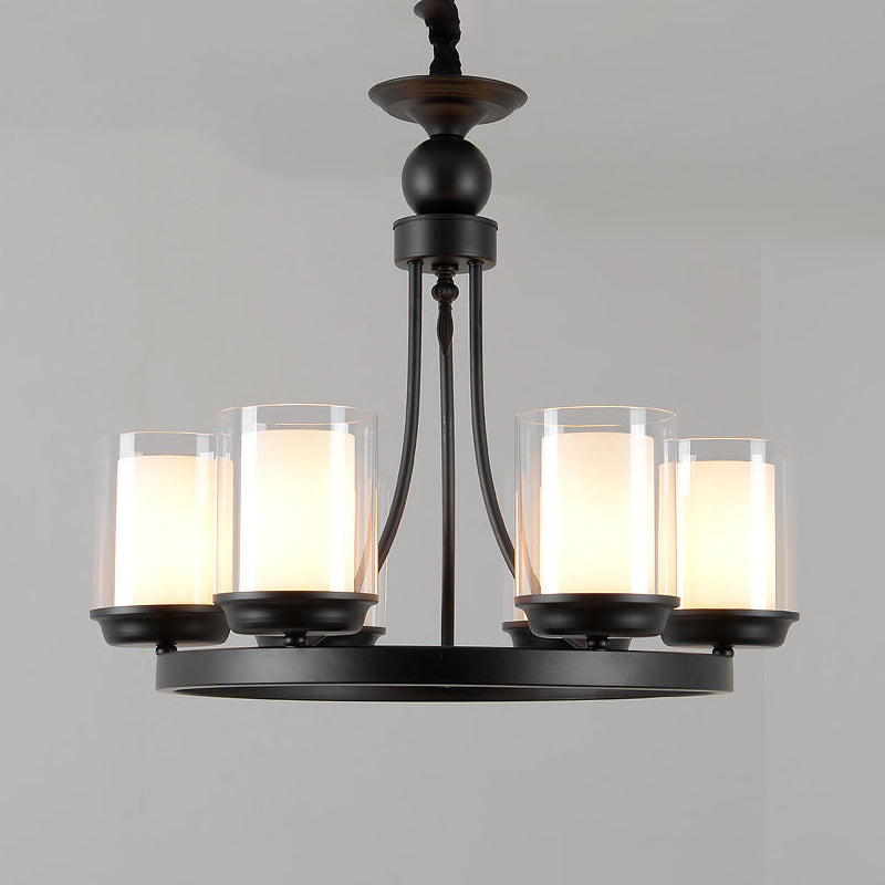 4/6/8 Bulbs Chandelier Lighting Traditional Cylindrical Clear Glass Pendant Ceiling Lamp in Black Clearhalo 'Ceiling Lights' 'Chandeliers' 'Glass shade' 'Glass' Lighting' 315761