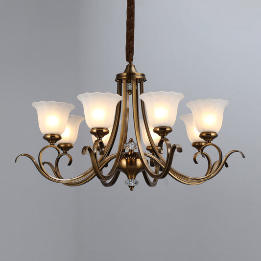 Bronze 3/6/8 Heads Hanging Chandelier Traditional Opal Blown Glass Floral Shape Ceiling Pendant Light 8 Bronze Clearhalo 'Ceiling Lights' 'Chandeliers' 'Glass shade' 'Glass' Lighting' 315766