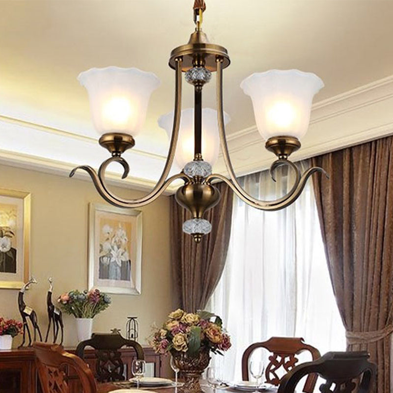 Bronze 3/6/8 Heads Hanging Chandelier Traditional Opal Blown Glass Floral Shape Ceiling Pendant Light 3 Bronze Clearhalo 'Ceiling Lights' 'Chandeliers' 'Glass shade' 'Glass' Lighting' 315767