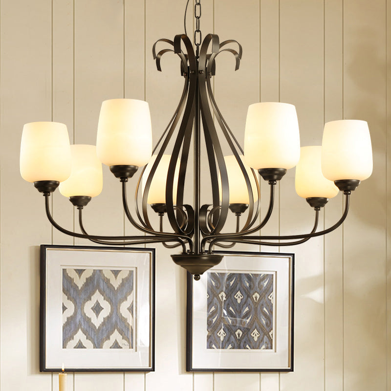 Metal Black Chandelier Radial 3/6/8 Heads Traditionalism Suspension Pendant Light with Cup Shape White Glass Shade Clearhalo 'Ceiling Lights' 'Chandeliers' 'Glass shade' 'Glass' Lighting' 315771
