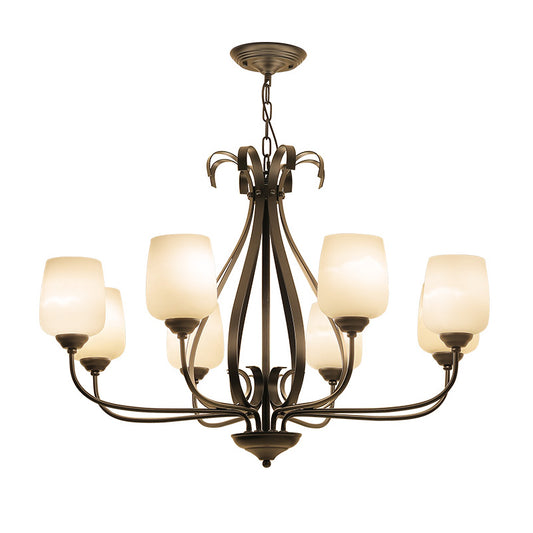 Metal Black Chandelier Radial 3/6/8 Heads Traditionalism Suspension Pendant Light with Cup Shape White Glass Shade Clearhalo 'Ceiling Lights' 'Chandeliers' 'Glass shade' 'Glass' Lighting' 315772