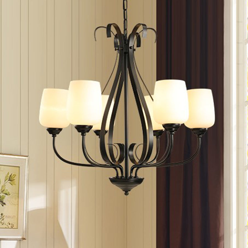 Metal Black Chandelier Radial 3/6/8 Heads Traditionalism Suspension Pendant Light with Cup Shape White Glass Shade 6 Black Clearhalo 'Ceiling Lights' 'Chandeliers' 'Glass shade' 'Glass' Lighting' 315773