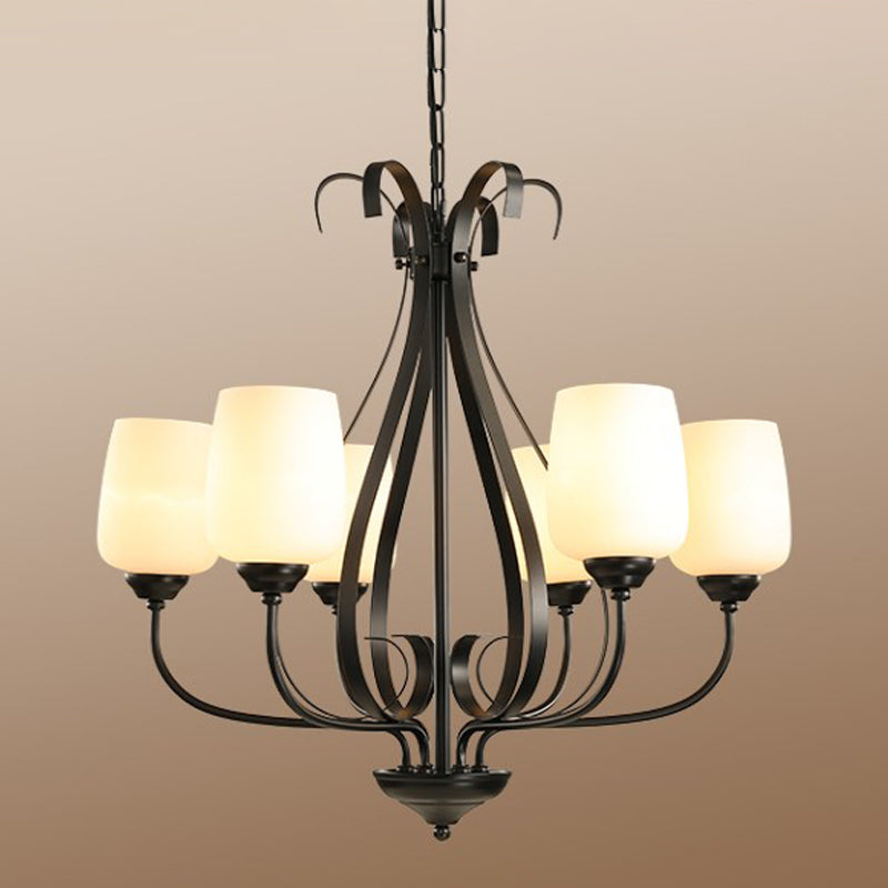 Metal Black Chandelier Radial 3/6/8 Heads Traditionalism Suspension Pendant Light with Cup Shape White Glass Shade Clearhalo 'Ceiling Lights' 'Chandeliers' 'Glass shade' 'Glass' Lighting' 315774