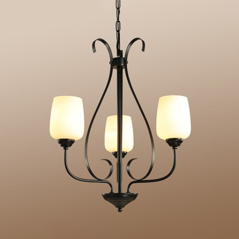 Metal Black Chandelier Radial 3/6/8 Heads Traditionalism Suspension Pendant Light with Cup Shape White Glass Shade Clearhalo 'Ceiling Lights' 'Chandeliers' 'Glass shade' 'Glass' Lighting' 315776