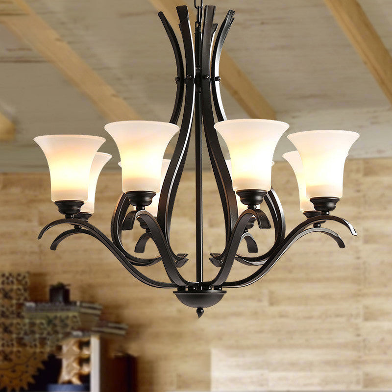 3/6/8 Bulbs Bell Chandelier Lighting Retro Black Finish Cream Glass Hanging Pendant Lamp for Living Room Clearhalo 'Ceiling Lights' 'Chandeliers' 'Glass shade' 'Glass' Lighting' 315778