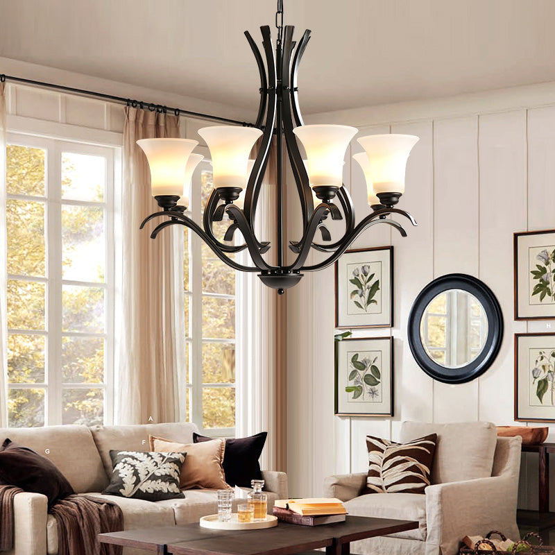 3/6/8 Bulbs Bell Chandelier Lighting Retro Black Finish Cream Glass Hanging Pendant Lamp for Living Room Clearhalo 'Ceiling Lights' 'Chandeliers' 'Glass shade' 'Glass' Lighting' 315779