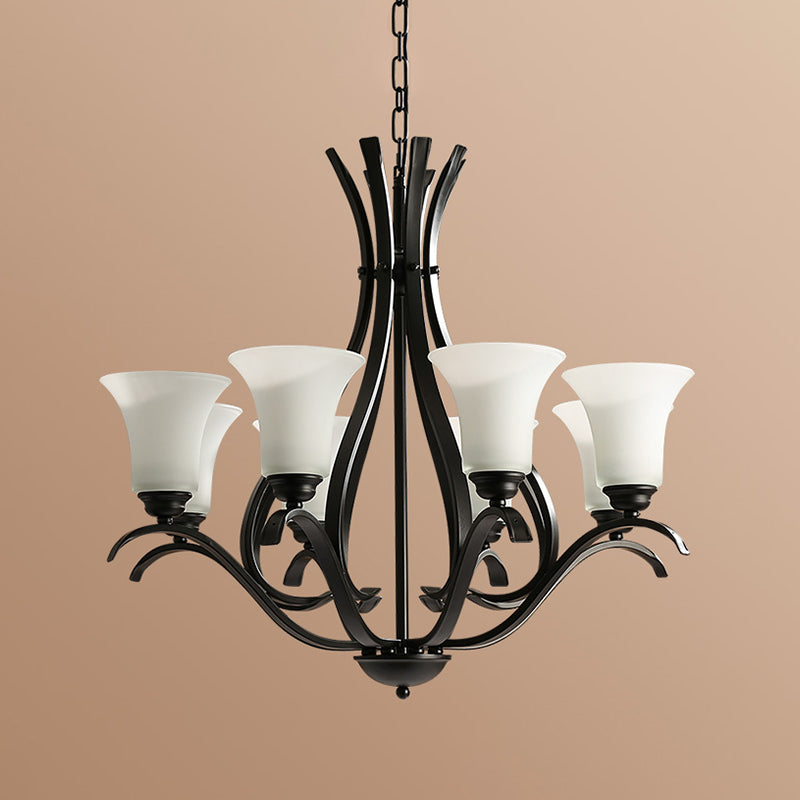 3/6/8 Bulbs Bell Chandelier Lighting Retro Black Finish Cream Glass Hanging Pendant Lamp for Living Room Clearhalo 'Ceiling Lights' 'Chandeliers' 'Glass shade' 'Glass' Lighting' 315780