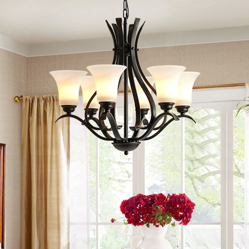 3/6/8 Bulbs Bell Chandelier Lighting Retro Black Finish Cream Glass Hanging Pendant Lamp for Living Room 6 Black Clearhalo 'Ceiling Lights' 'Chandeliers' 'Glass shade' 'Glass' Lighting' 315781