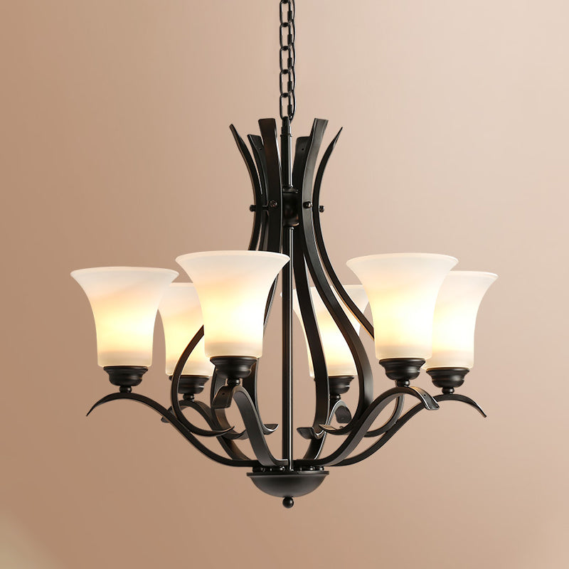 3/6/8 Bulbs Bell Chandelier Lighting Retro Black Finish Cream Glass Hanging Pendant Lamp for Living Room Clearhalo 'Ceiling Lights' 'Chandeliers' 'Glass shade' 'Glass' Lighting' 315782