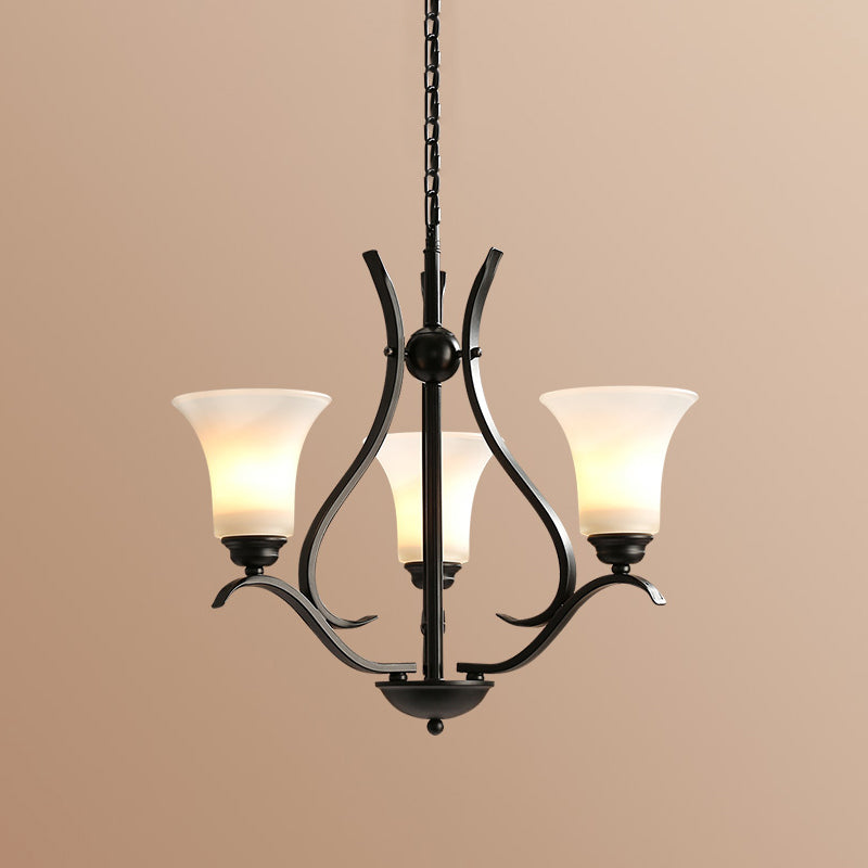 3/6/8 Bulbs Bell Chandelier Lighting Retro Black Finish Cream Glass Hanging Pendant Lamp for Living Room Clearhalo 'Ceiling Lights' 'Chandeliers' 'Glass shade' 'Glass' Lighting' 315784