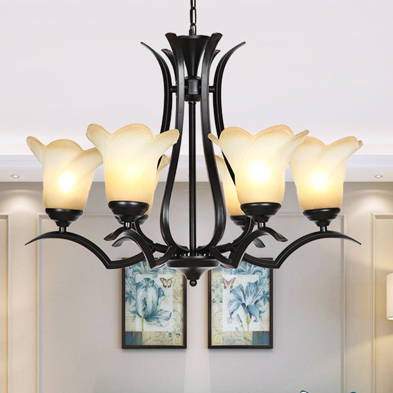 1/2-Tier Flower White Glass Chandelier Lighting Traditional 3/6/8 Lights Black Living Room Hanging Ceiling Lamp 6 Black 1 Tier Clearhalo 'Ceiling Lights' 'Chandeliers' 'Glass shade' 'Glass' 'Modern Chandeliers' 'Modern' Lighting' 315785