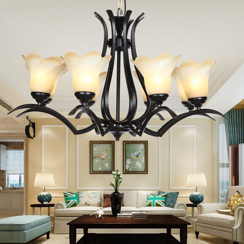 1/2-Tier Flower White Glass Chandelier Lighting Traditional 3/6/8 Lights Black Living Room Hanging Ceiling Lamp 8 Black 1 Tier Clearhalo 'Ceiling Lights' 'Chandeliers' 'Glass shade' 'Glass' 'Modern Chandeliers' 'Modern' Lighting' 315787