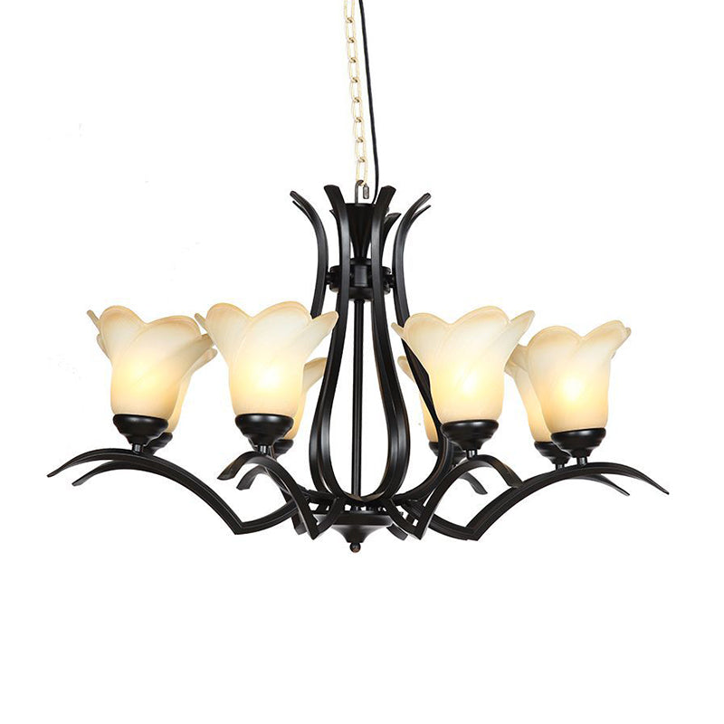 1/2-Tier Flower White Glass Chandelier Lighting Traditional 3/6/8 Lights Black Living Room Hanging Ceiling Lamp Clearhalo 'Ceiling Lights' 'Chandeliers' 'Glass shade' 'Glass' 'Modern Chandeliers' 'Modern' Lighting' 315788