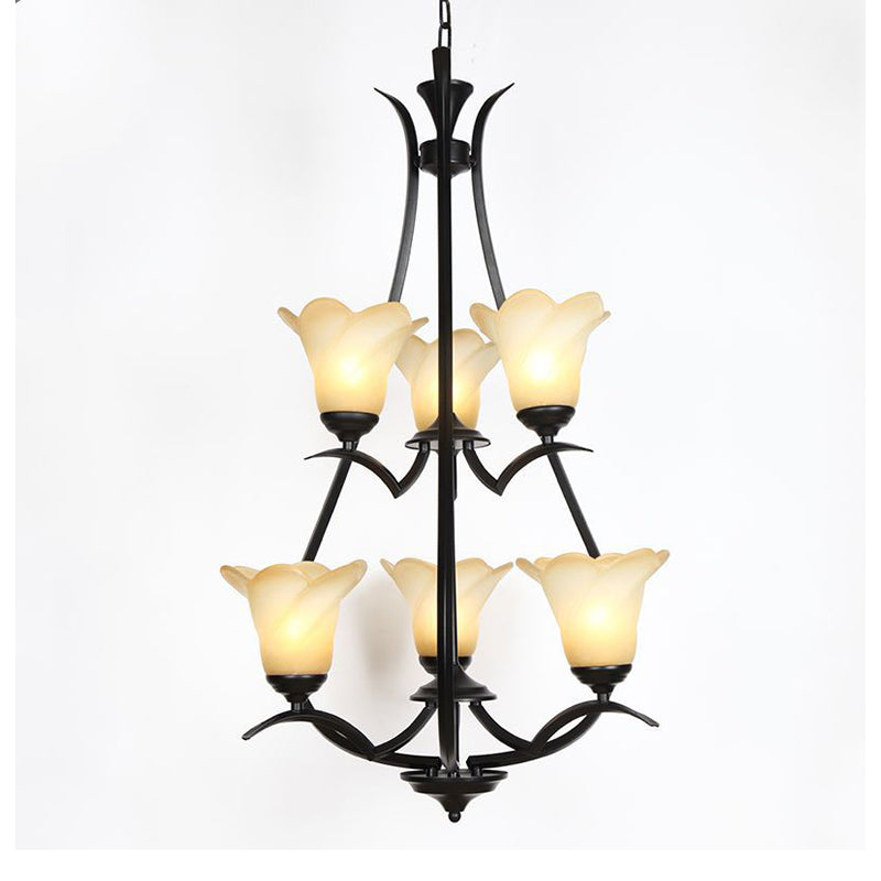 1/2-Tier Flower White Glass Chandelier Lighting Traditional 3/6/8 Lights Black Living Room Hanging Ceiling Lamp 6 Black 2 Tiers Clearhalo 'Ceiling Lights' 'Chandeliers' 'Glass shade' 'Glass' 'Modern Chandeliers' 'Modern' Lighting' 315791