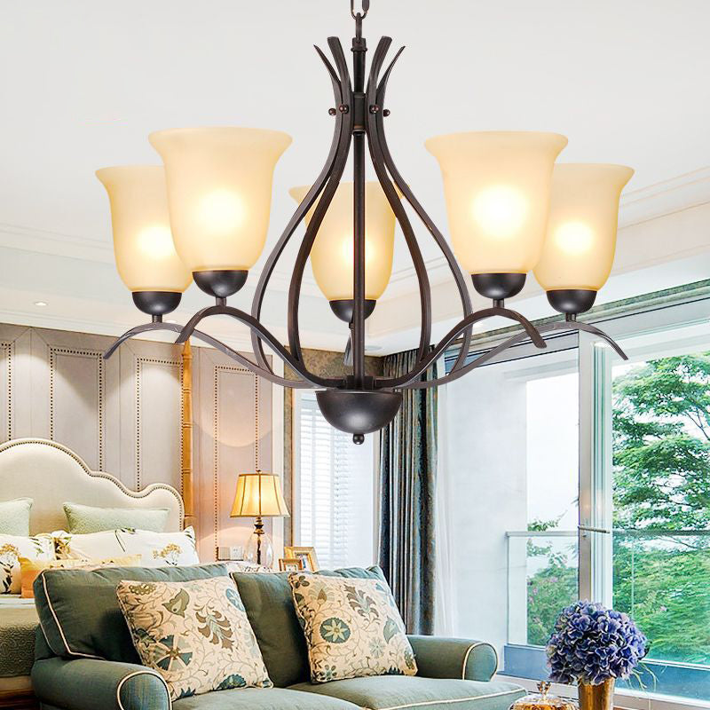 Traditional Bell Pendant Chandelier 3/5/8 Heads Beige Frosted Glass Hanging Light in Black for Living Room 5 Black Clearhalo 'Ceiling Lights' 'Chandeliers' 'Glass shade' 'Glass' Lighting' 315792