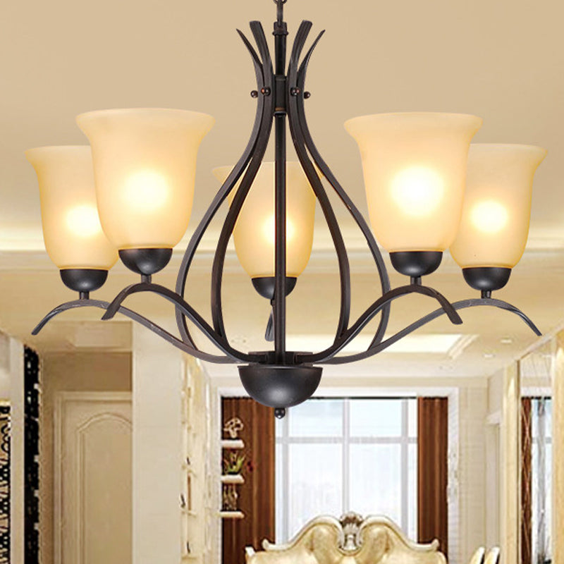 Traditional Bell Pendant Chandelier 3/5/8 Heads Beige Frosted Glass Hanging Light in Black for Living Room Clearhalo 'Ceiling Lights' 'Chandeliers' 'Glass shade' 'Glass' Lighting' 315793