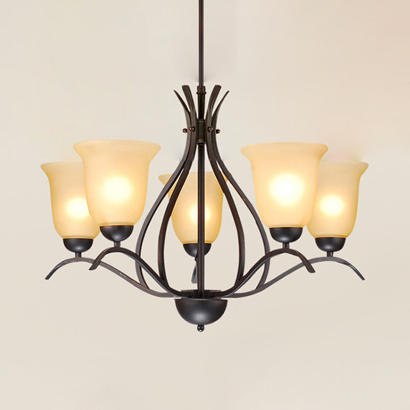 Traditional Bell Pendant Chandelier 3/5/8 Heads Beige Frosted Glass Hanging Light in Black for Living Room Clearhalo 'Ceiling Lights' 'Chandeliers' 'Glass shade' 'Glass' Lighting' 315794