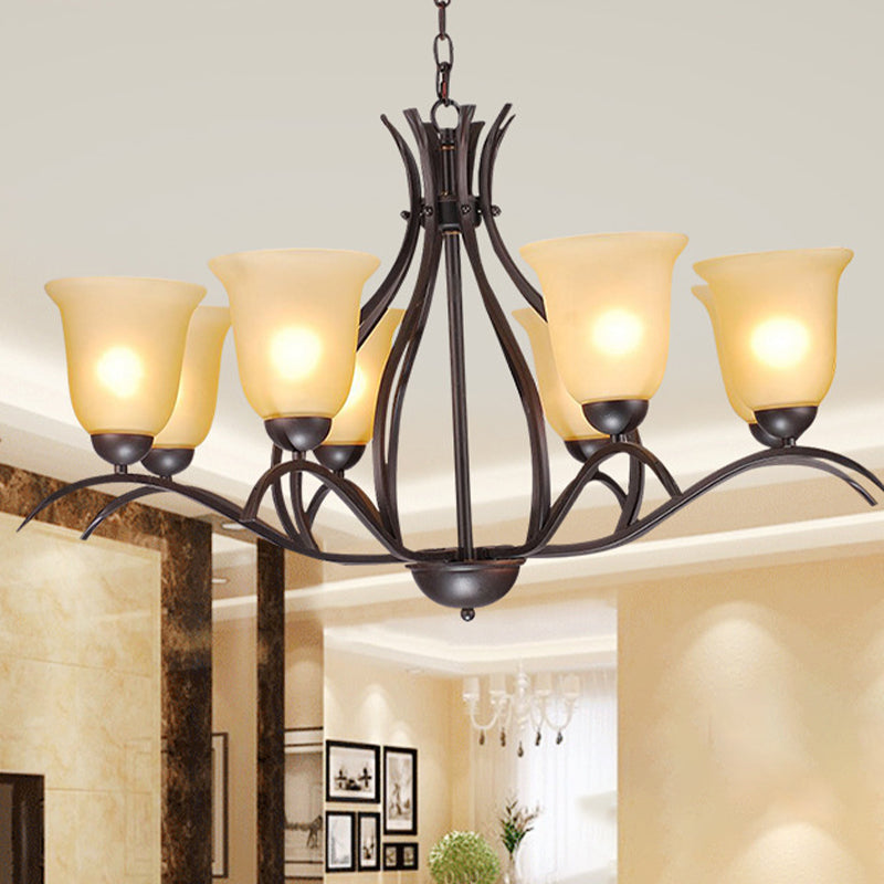 Traditional Bell Pendant Chandelier 3/5/8 Heads Beige Frosted Glass Hanging Light in Black for Living Room 8 Black Clearhalo 'Ceiling Lights' 'Chandeliers' 'Glass shade' 'Glass' Lighting' 315797