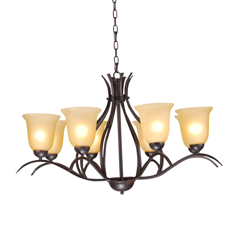 Traditional Bell Pendant Chandelier 3/5/8 Heads Beige Frosted Glass Hanging Light in Black for Living Room Clearhalo 'Ceiling Lights' 'Chandeliers' 'Glass shade' 'Glass' Lighting' 315798