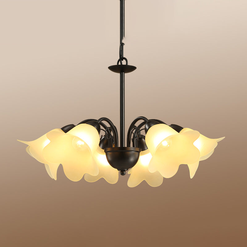 3/5/6 Bulbs Dining Room Chandelier Retro Black Finish Ceiling Pendant Lighting with Floral Shape Milky Glass Shade Clearhalo 'Ceiling Lights' 'Chandeliers' 'Glass shade' 'Glass' Lighting' 315807