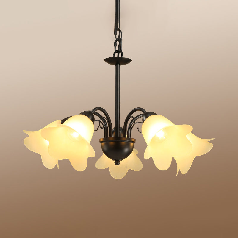 3/5/6 Bulbs Dining Room Chandelier Retro Black Finish Ceiling Pendant Lighting with Floral Shape Milky Glass Shade Clearhalo 'Ceiling Lights' 'Chandeliers' 'Glass shade' 'Glass' Lighting' 315809