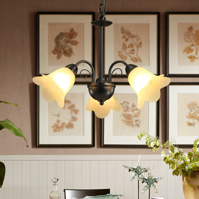 3/5/6 Bulbs Dining Room Chandelier Retro Black Finish Ceiling Pendant Lighting with Floral Shape Milky Glass Shade 3 Black Clearhalo 'Ceiling Lights' 'Chandeliers' 'Glass shade' 'Glass' Lighting' 315810