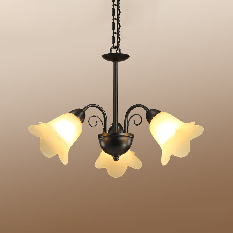 3/5/6 Bulbs Dining Room Chandelier Retro Black Finish Ceiling Pendant Lighting with Floral Shape Milky Glass Shade Clearhalo 'Ceiling Lights' 'Chandeliers' 'Glass shade' 'Glass' Lighting' 315811