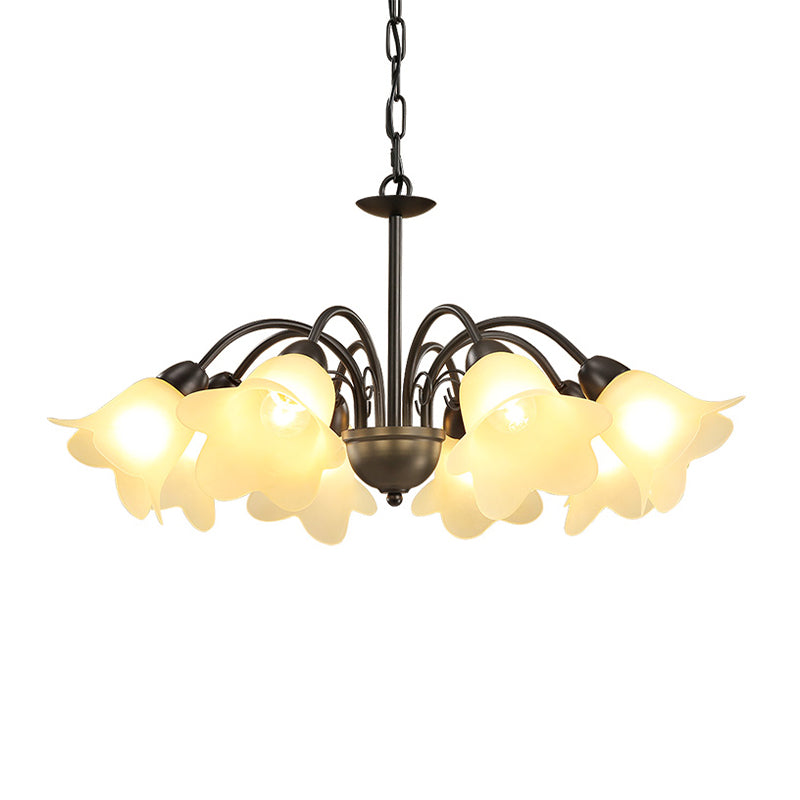 3/5/6 Bulbs Dining Room Chandelier Retro Black Finish Ceiling Pendant Lighting with Floral Shape Milky Glass Shade Clearhalo 'Ceiling Lights' 'Chandeliers' 'Glass shade' 'Glass' Lighting' 315813