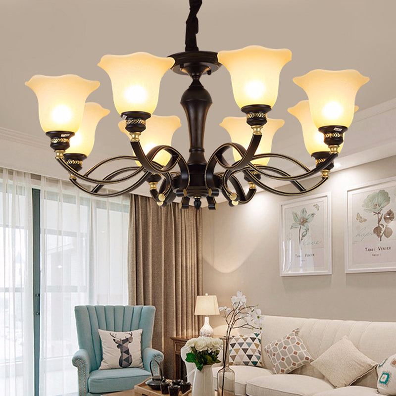 Traditional Blossom Chandelier Lighting 3/6/8 Heads White Frosted Glass Ceiling Lamp Fixture in Black for Living Room 8 Black Clearhalo 'Ceiling Lights' 'Chandeliers' 'Glass shade' 'Glass' Lighting' 315814