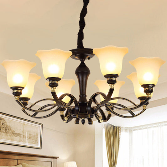 Traditional Blossom Chandelier Lighting 3/6/8 Heads White Frosted Glass Ceiling Lamp Fixture in Black for Living Room Clearhalo 'Ceiling Lights' 'Chandeliers' 'Glass shade' 'Glass' Lighting' 315815