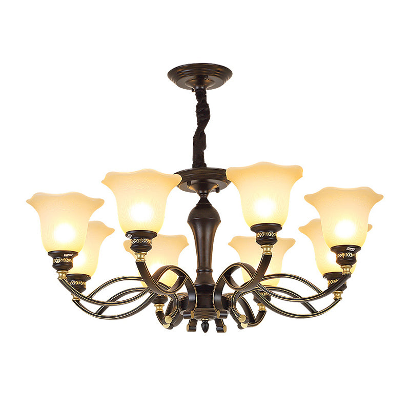 Traditional Blossom Chandelier Lighting 3/6/8 Heads White Frosted Glass Ceiling Lamp Fixture in Black for Living Room Clearhalo 'Ceiling Lights' 'Chandeliers' 'Glass shade' 'Glass' Lighting' 315817