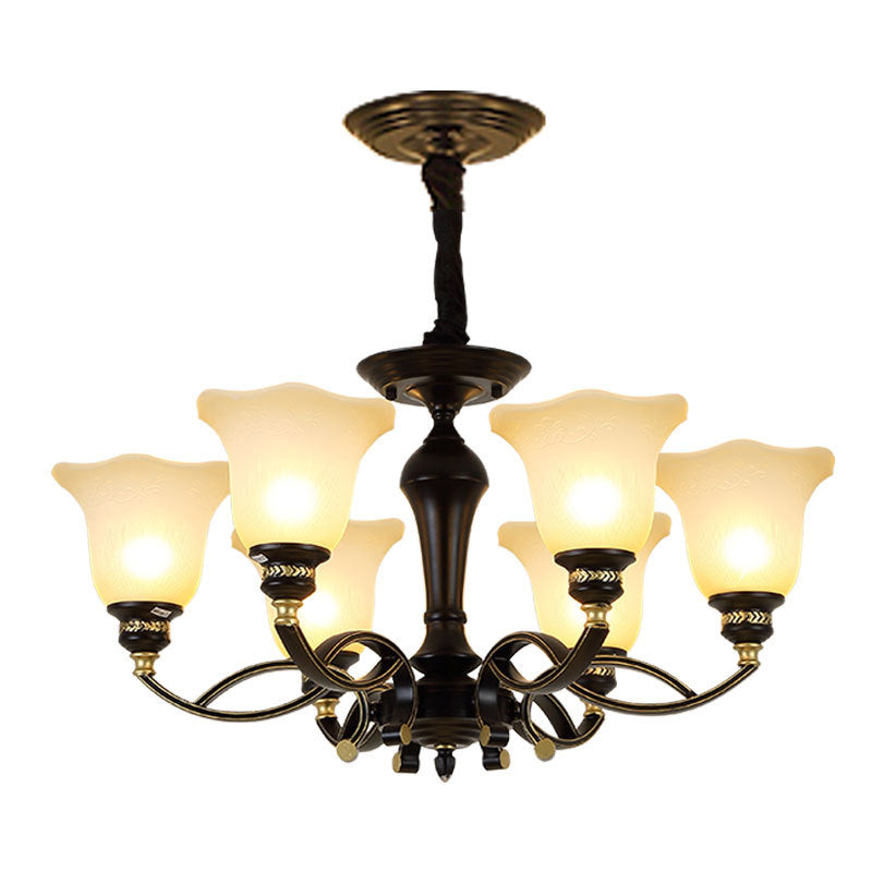 Traditional Blossom Chandelier Lighting 3/6/8 Heads White Frosted Glass Ceiling Lamp Fixture in Black for Living Room 6 Black Clearhalo 'Ceiling Lights' 'Chandeliers' 'Glass shade' 'Glass' Lighting' 315818