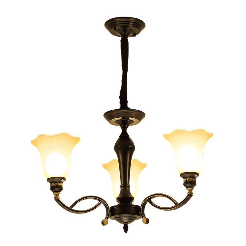 Traditional Blossom Chandelier Lighting 3/6/8 Heads White Frosted Glass Ceiling Lamp Fixture in Black for Living Room 3 Black Clearhalo 'Ceiling Lights' 'Chandeliers' 'Glass shade' 'Glass' Lighting' 315819