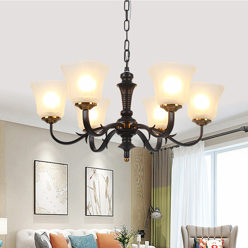 3/4/6 Bulbs Bedroom Ceiling Chandelier Retro Black Pendant Lighting with Bell Milky Frosted Glass Shade 6 Black Clearhalo 'Ceiling Lights' 'Chandeliers' 'Glass shade' 'Glass' Lighting' 315820