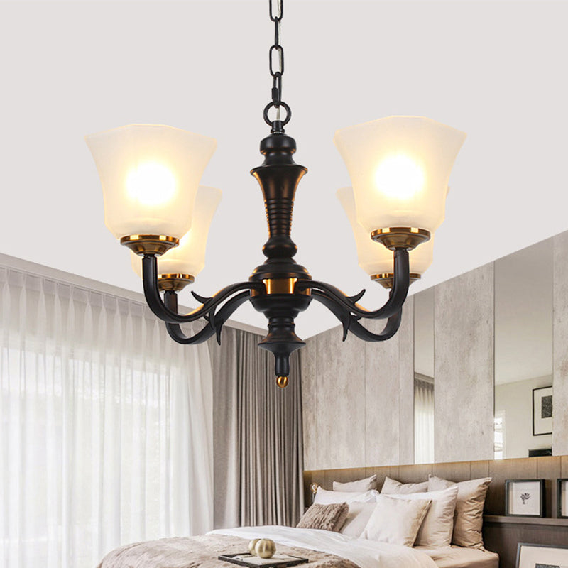 3/4/6 Bulbs Bedroom Ceiling Chandelier Retro Black Pendant Lighting with Bell Milky Frosted Glass Shade 4 Black Clearhalo 'Ceiling Lights' 'Chandeliers' 'Glass shade' 'Glass' Lighting' 315824