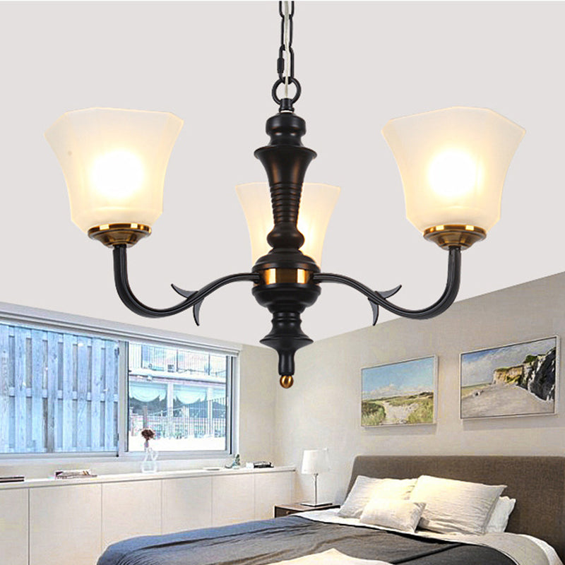 3/4/6 Bulbs Bedroom Ceiling Chandelier Retro Black Pendant Lighting with Bell Milky Frosted Glass Shade 3 Black Clearhalo 'Ceiling Lights' 'Chandeliers' 'Glass shade' 'Glass' Lighting' 315826