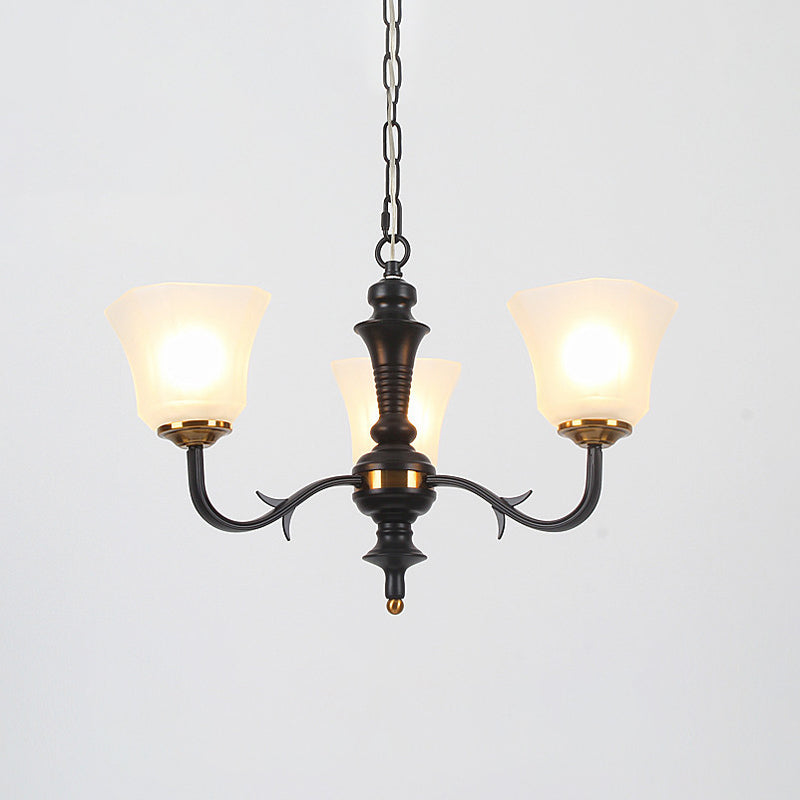 3/4/6 Bulbs Bedroom Ceiling Chandelier Retro Black Pendant Lighting with Bell Milky Frosted Glass Shade Clearhalo 'Ceiling Lights' 'Chandeliers' 'Glass shade' 'Glass' Lighting' 315827